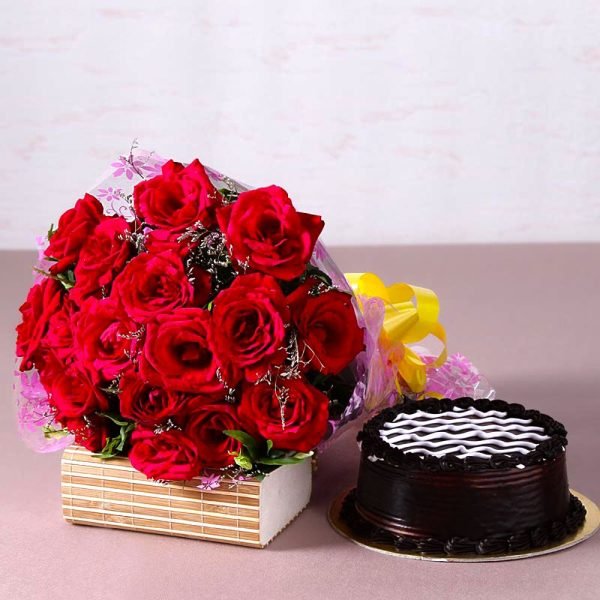 2 Dozen Roses with Chocolate Cake