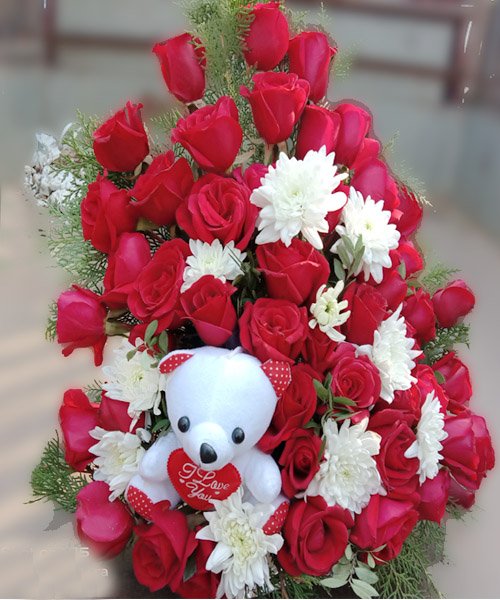 Rose Basket with Teady Bear